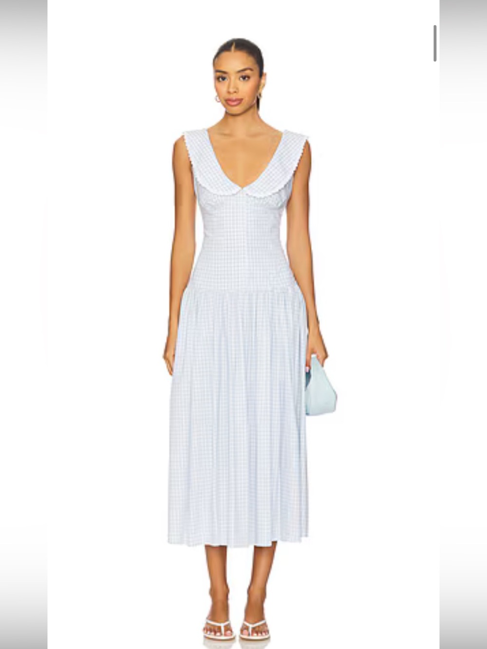 LPA Light Blue Gingham Midi Dress with Wide Collar